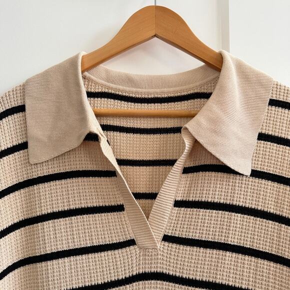Saodimallsu Striped Knit Polo Maxi Sweater Dress Beige Blk Clean Girl XL Preppy - Picture 3 of 8
